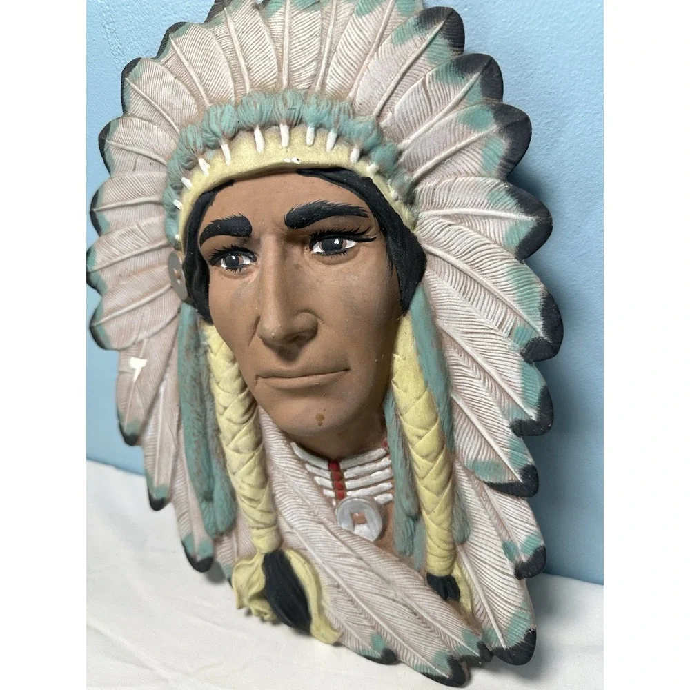 Vintage Native American Indian Plaque Ceramic Art Hand Painted Chief Chipped